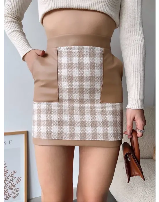 Deri Cep Garnili Kaşe Etek Bej H24604