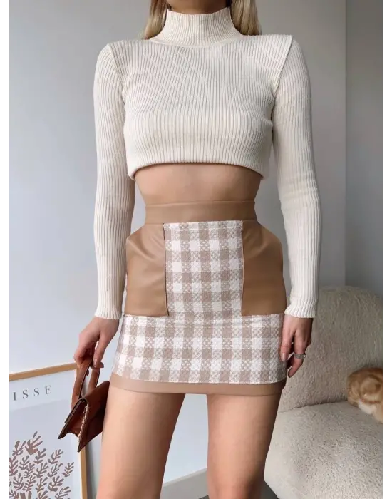 Deri Cep Garnili Kaşe Etek Bej H24604