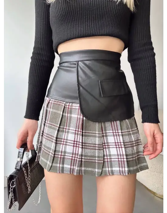 Deri Garnili Cepli Ekose Etek Siyah S24604