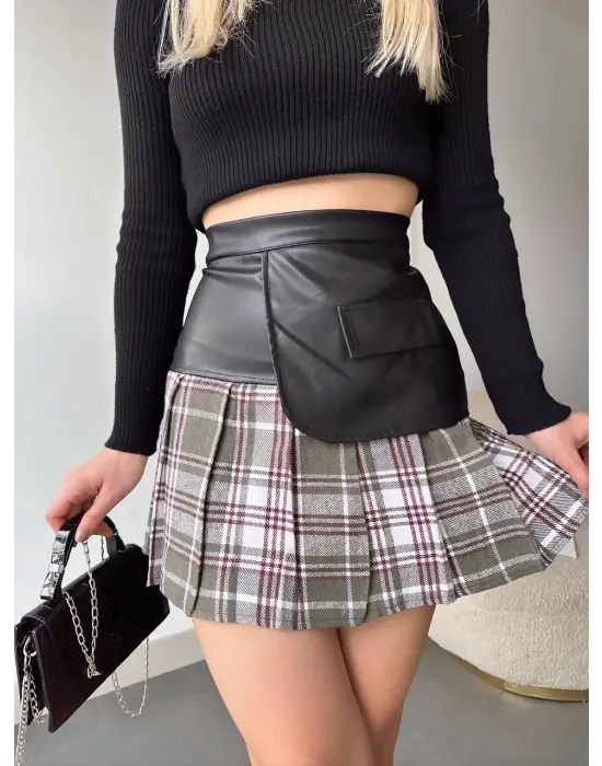 Deri Garnili Cepli Ekose Etek Siyah S24604