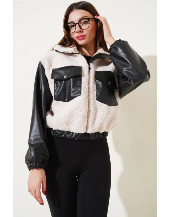 Deri Garnili Cepli Peluş Mont Siyah T1253