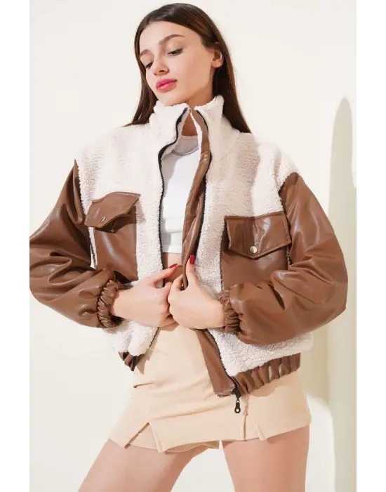 Deri Garnili Cepli Peluş Mont Taba T1253