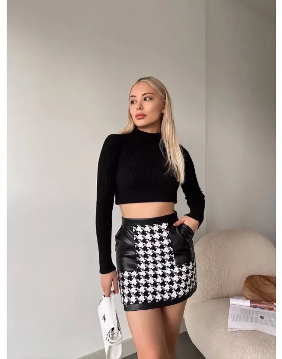 Deri Garnili Kaz Ayağı Kaşe Etek Siyah H24604