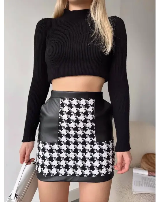 Deri Garnili Kaz Ayağı Kaşe Etek Siyah H24604