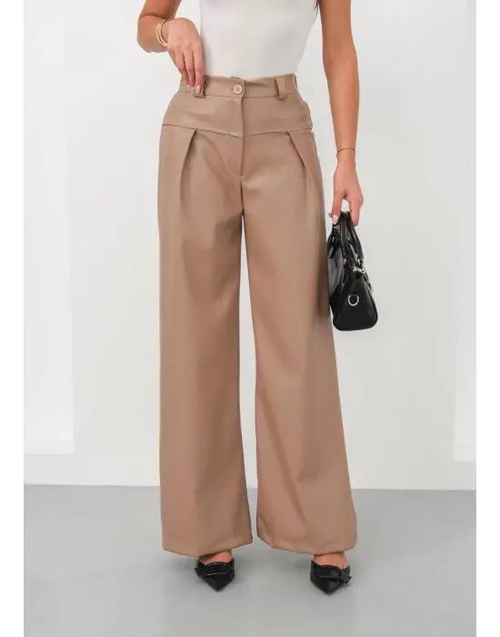 Deri Geniş Paça Beli Lastikli Pantolon Bej H263644