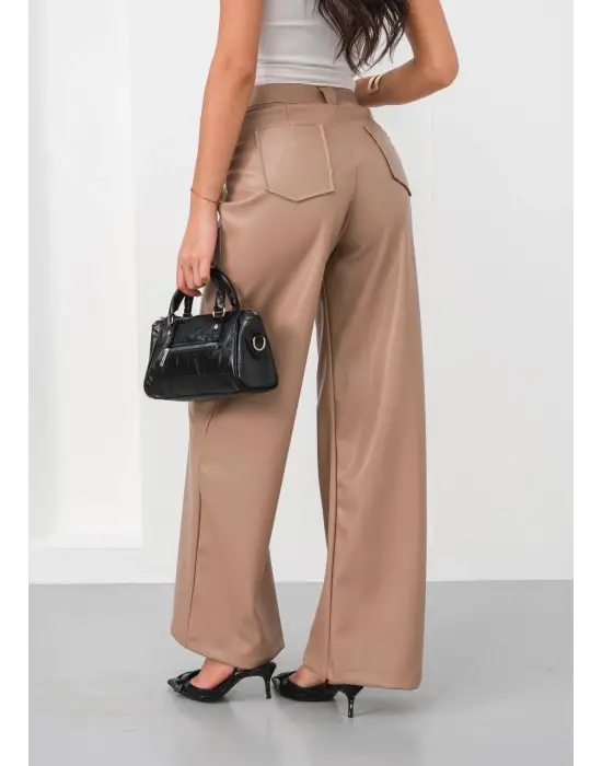 Deri Geniş Paça Beli Lastikli Pantolon Bej H263644