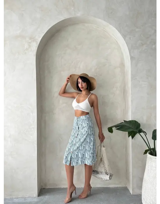 Desenli Düğmeli Etek