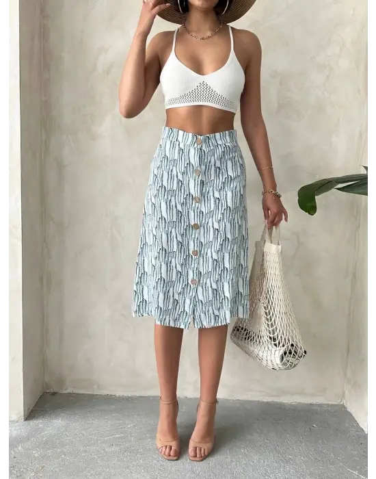 Desenli Düğmeli Etek