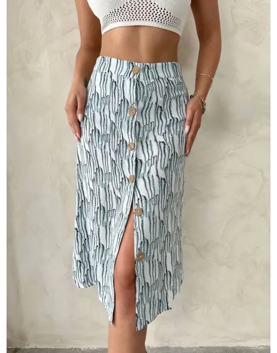 Desenli Düğmeli Etek