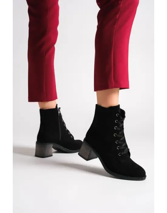 Dıana Bağcıklı Fermuarlı Ortopedik Taban Topuklu Süet Kadın Bot  St - Siyah