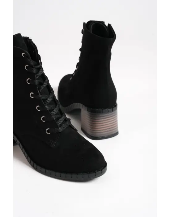 Dıana Bağcıklı Fermuarlı Ortopedik Taban Topuklu Süet Kadın Bot  St - Siyah