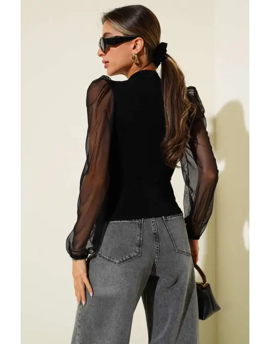 Dik Yaka Tül Kollu Bluz Siyah T3066