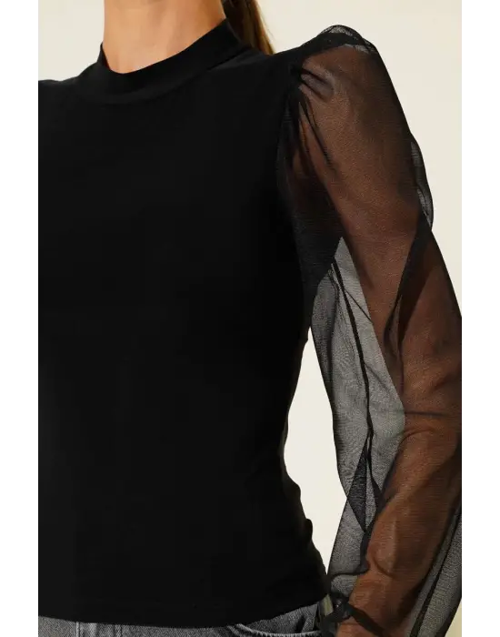 Dik Yaka Tül Kollu Bluz Siyah T3066