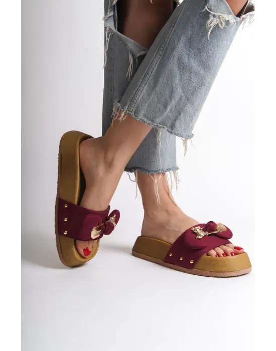 Dıla Kalın Ve Ortopedik Taban Ayıcıklı Saten Kadın Terlik  Kt - Bordo