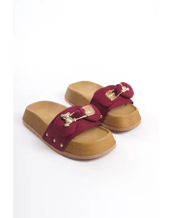 Dıla Kalın Ve Ortopedik Taban Ayıcıklı Saten Kadın Terlik  Kt - Bordo