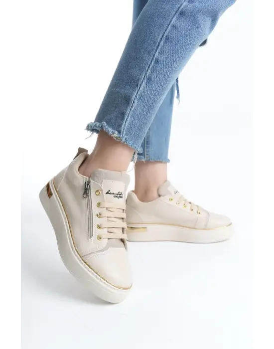 Dına Bağcıklı Fermuarlı Ortopedik Taban Kadın Sneaker Spor Ayakkabı  Kt - Krem/altın