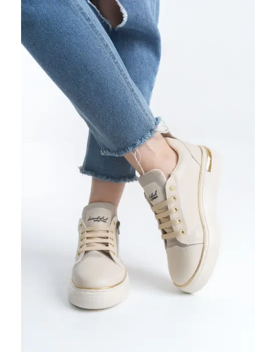 Dına Bağcıklı Fermuarlı Ortopedik Taban Kadın Sneaker Spor Ayakkabı  Kt - Krem/altın