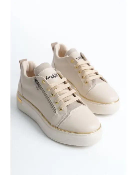 Dına Bağcıklı Fermuarlı Ortopedik Taban Kadın Sneaker Spor Ayakkabı  Kt - Krem/altın