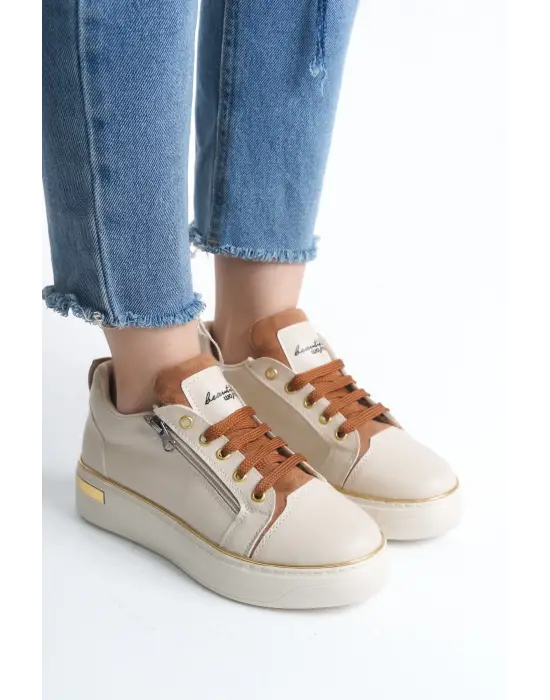Dına Bağcıklı Fermuarlı Ortopedik Taban Kadın Sneaker Spor Ayakkabı  Kt - Krem/taba/altın