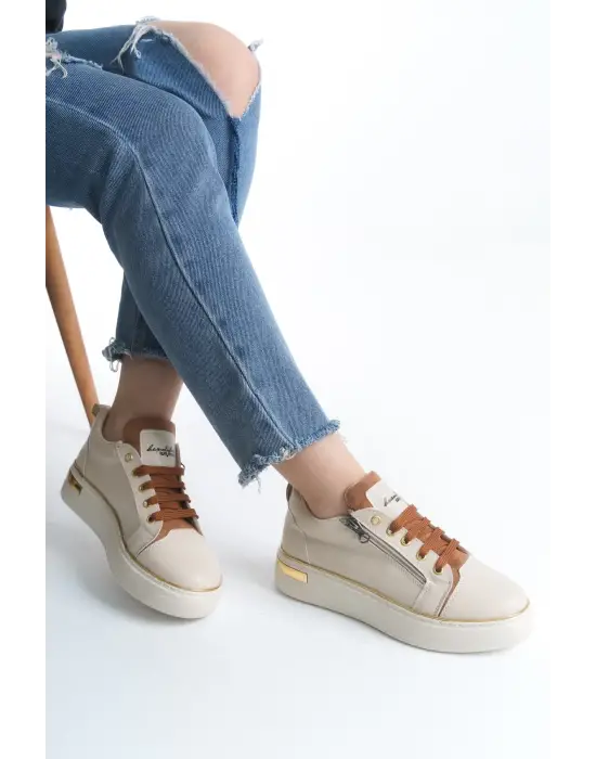 Dına Bağcıklı Fermuarlı Ortopedik Taban Kadın Sneaker Spor Ayakkabı  Kt - Krem/taba/altın