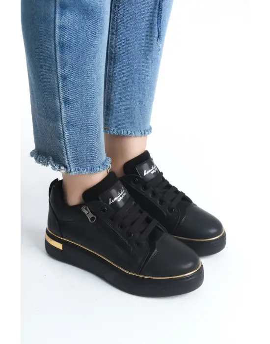 Dına Bağcıklı Fermuarlı Ortopedik Taban Kadın Sneaker Spor Ayakkabı  St - Siyah/altın