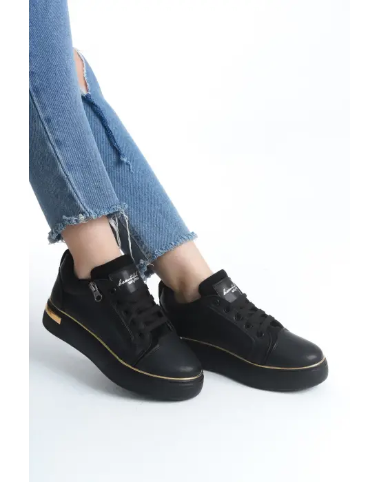 Dına Bağcıklı Fermuarlı Ortopedik Taban Kadın Sneaker Spor Ayakkabı  St - Siyah/altın