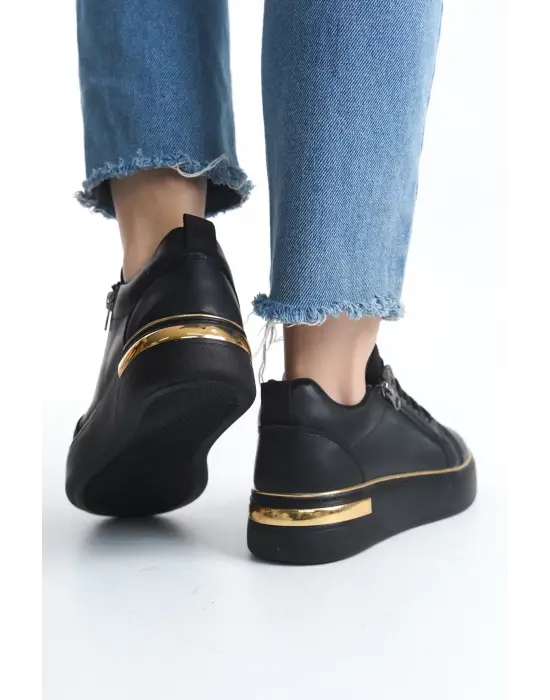 Dına Bağcıklı Fermuarlı Ortopedik Taban Kadın Sneaker Spor Ayakkabı  St - Siyah/altın