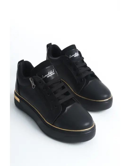 Dına Bağcıklı Fermuarlı Ortopedik Taban Kadın Sneaker Spor Ayakkabı  St - Siyah/altın