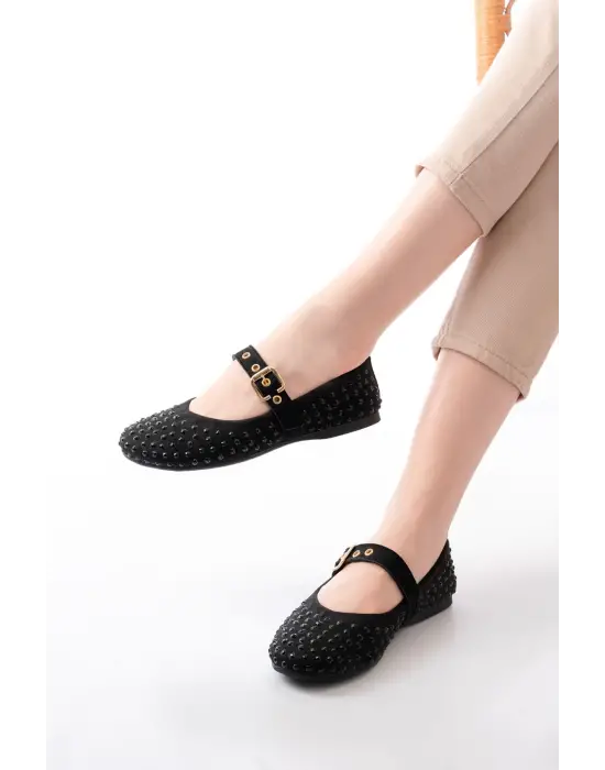 DM-6020 Siyah Troklu Baret Tokalı Günlük Kadın Babet