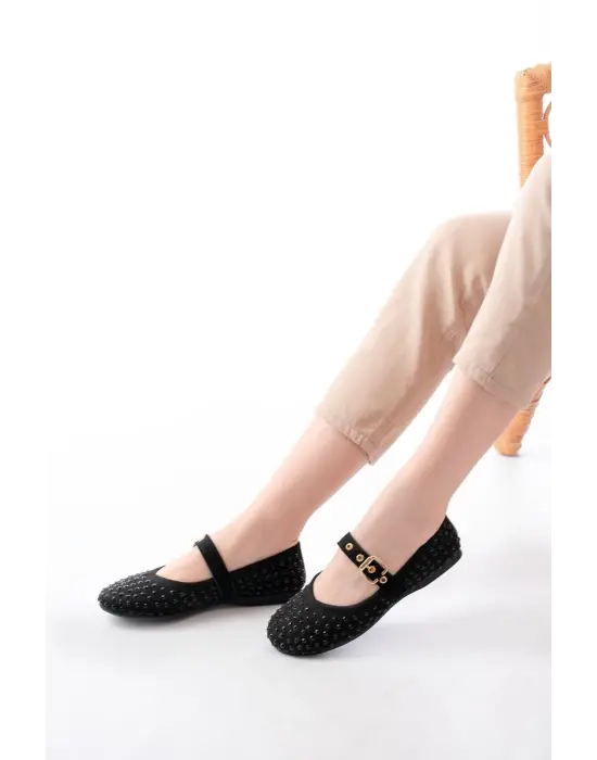 DM-6020 Siyah Troklu Baret Tokalı Günlük Kadın Babet