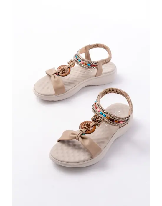 Bej Taşlı Arka Lastikli Günlük Kadın Sandalet
