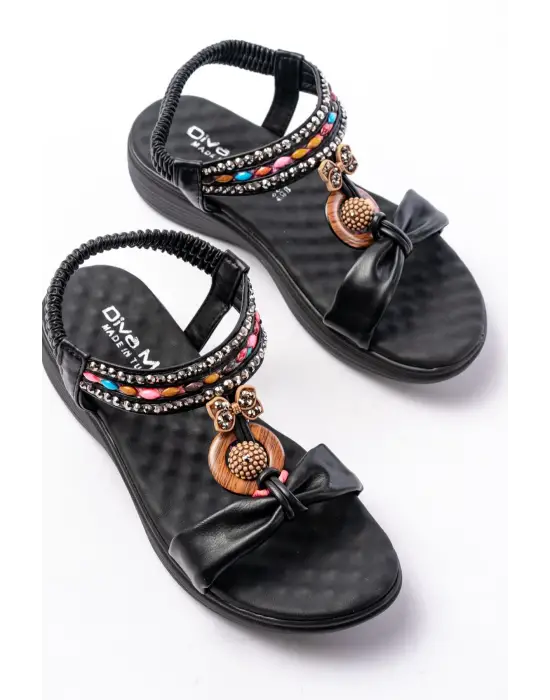 Siyah Taşlı Arka Lastikli Günlük Kadın Sandalet