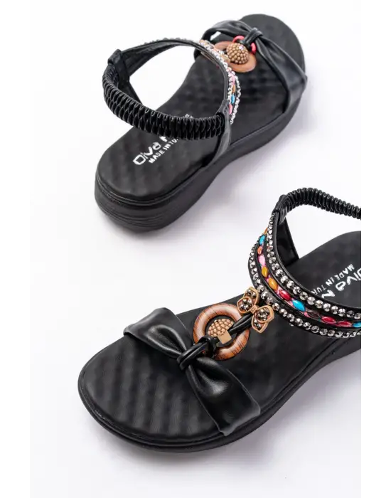 Siyah Taşlı Arka Lastikli Günlük Kadın Sandalet