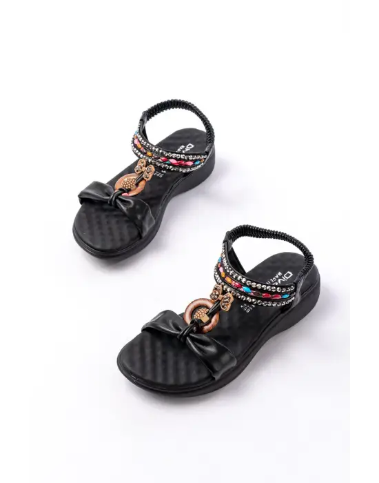 Siyah Taşlı Arka Lastikli Günlük Kadın Sandalet