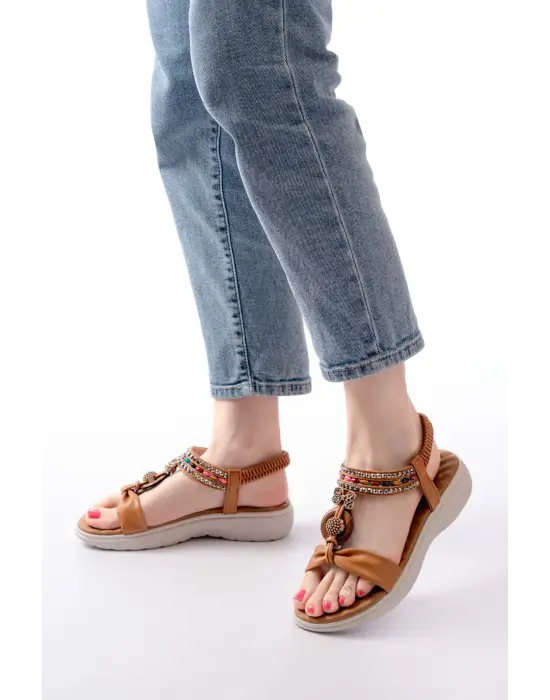 Taba Taşlı Arka Lastikli Günlük Kadın Sandalet