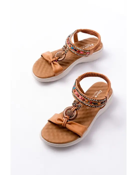 Taba Taşlı Arka Lastikli Günlük Kadın Sandalet