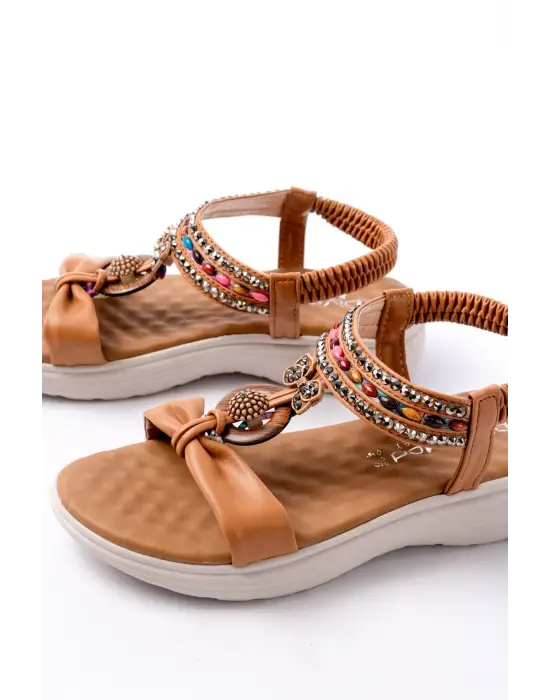 Taba Taşlı Arka Lastikli Günlük Kadın Sandalet