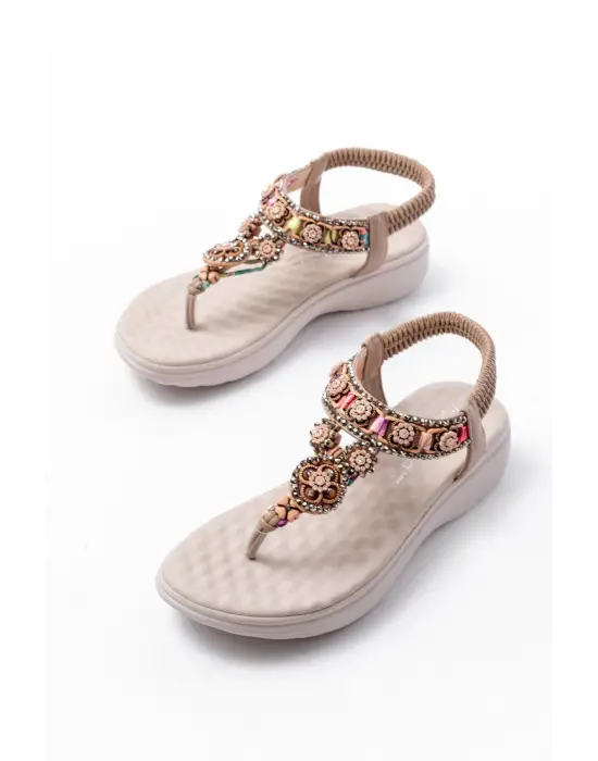 Dm-609 Bej Taşlı Arka Lastikli Parmak Arası Kadın Sandalet