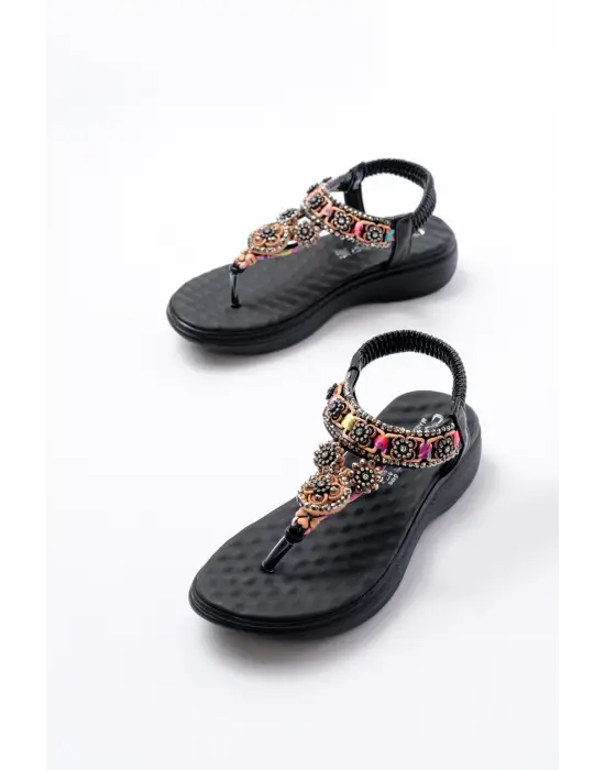 Dm-609 Siyah Taşlı Arka Lastikli Parmak Arası Kadın Sandalet