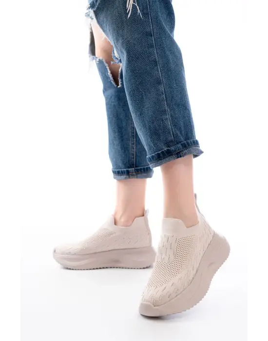 Dm-707  Bej Fileli Faillant Taban Taş Aksesuarlı Günlük Spor Ayakkabı