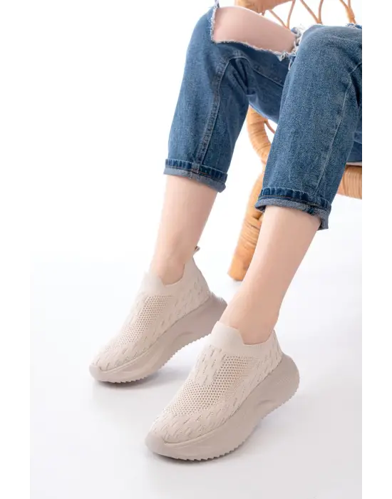 Dm-707  Bej Fileli Faillant Taban Taş Aksesuarlı Günlük Spor Ayakkabı