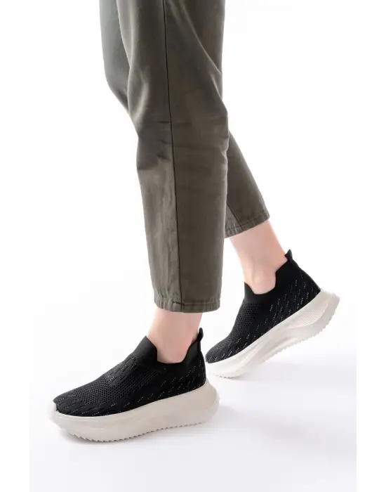 Dm-707 Siyah Fileli Beyaz Faillant Taban Taş Aksesuarlı Günlük Spor Ayakkab