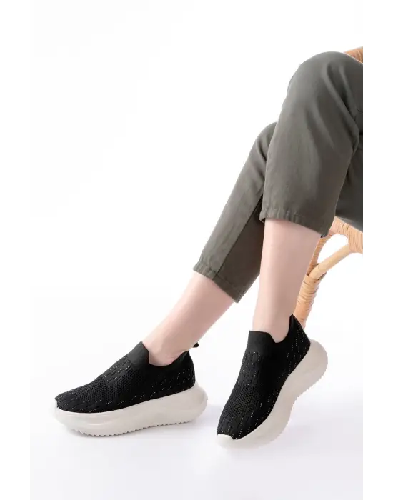 Dm-707 Siyah Fileli Beyaz Faillant Taban Taş Aksesuarlı Günlük Spor Ayakkab