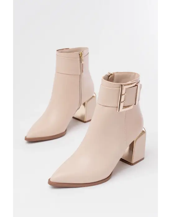 Bej Toka Aksesuarlı Topuklu Fermuarlı Günlük Kadın Bot