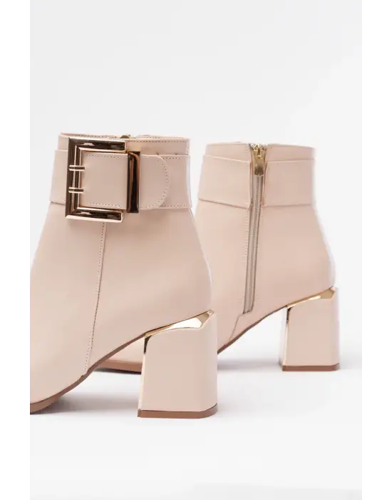 Bej Toka Aksesuarlı Topuklu Fermuarlı Günlük Kadın Bot