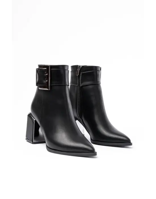 Siyah Toka Aksesuarlı Topuklu Fermuarlı Günlük Kadın Bot