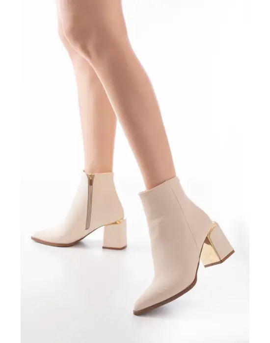 Bej Fermuarlı Topuklu Kadın Günlük Bot