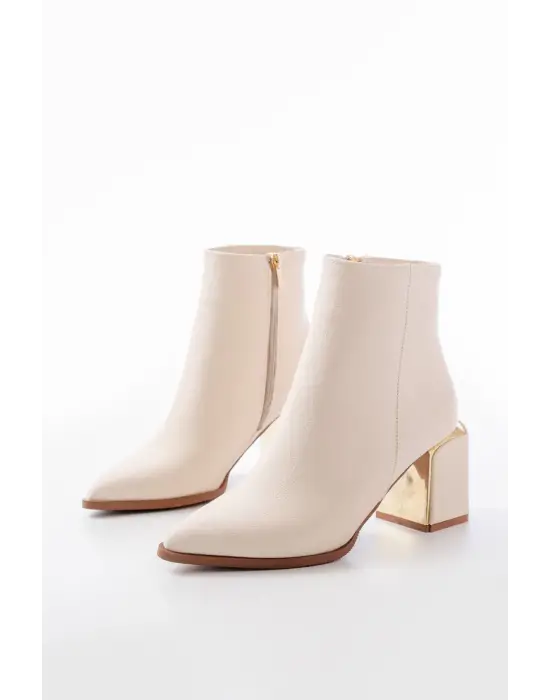 Bej Fermuarlı Topuklu Kadın Günlük Bot