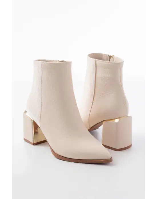 Bej Fermuarlı Topuklu Kadın Günlük Bot