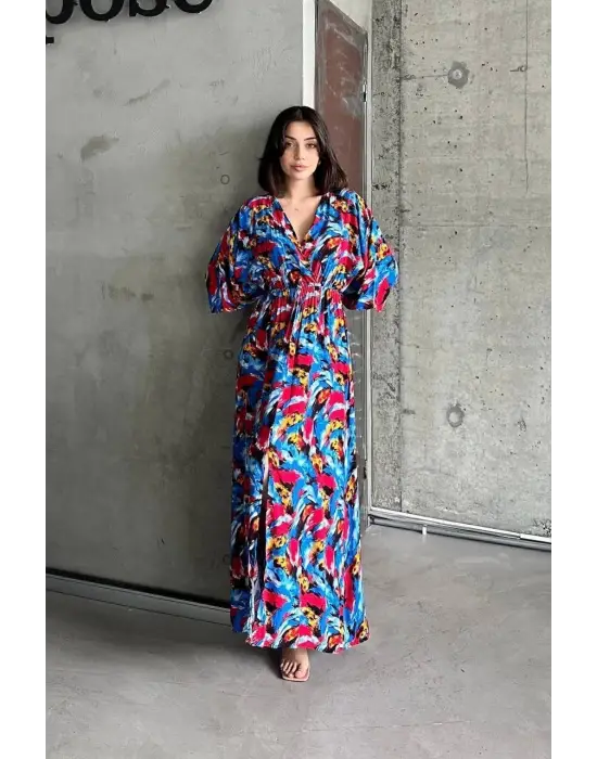 Dokuma Baskılı Yarasa Kol Elbise S8124